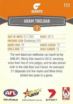 2013 Select AFL Champions #111 Adam Treloar Back